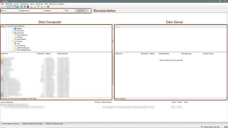 FileZilla-Benutzeroberfläche
